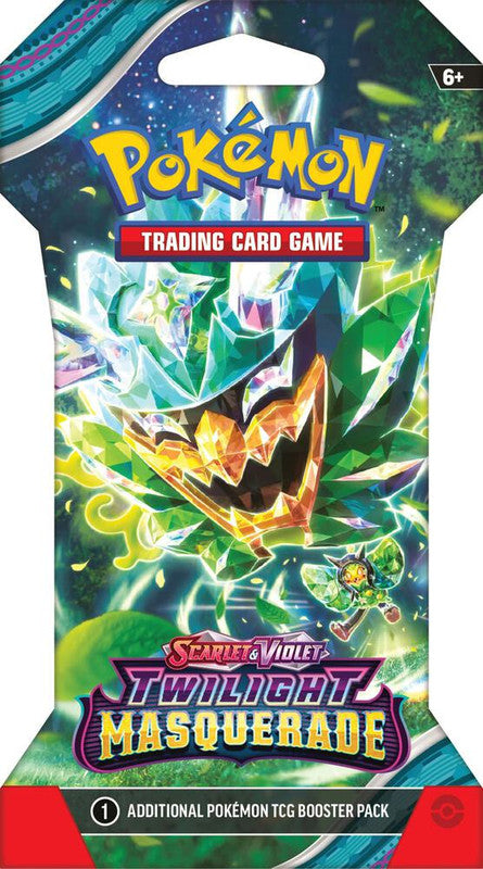 A Pokemon Twilight Masquerade sleeved booster pack featuring Ogerpon artwork.