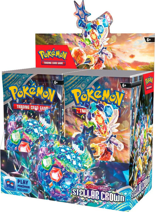 A sealed Pokemon Stellar Crown booster box featuring Terapagos artwork.