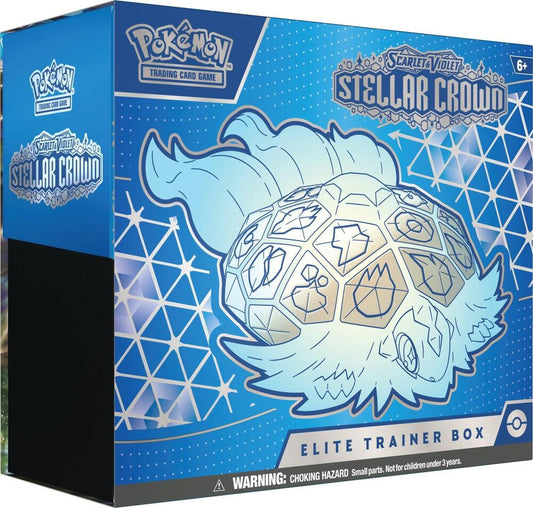 A blue Pokemon Stellar Crown Elite Trainer Box featuring Terapagos on the front.