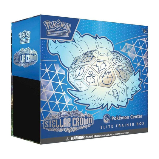 A Pokemon Stellar Crown Elite Trainer Box featuring Terapagos on a blue patterned background.