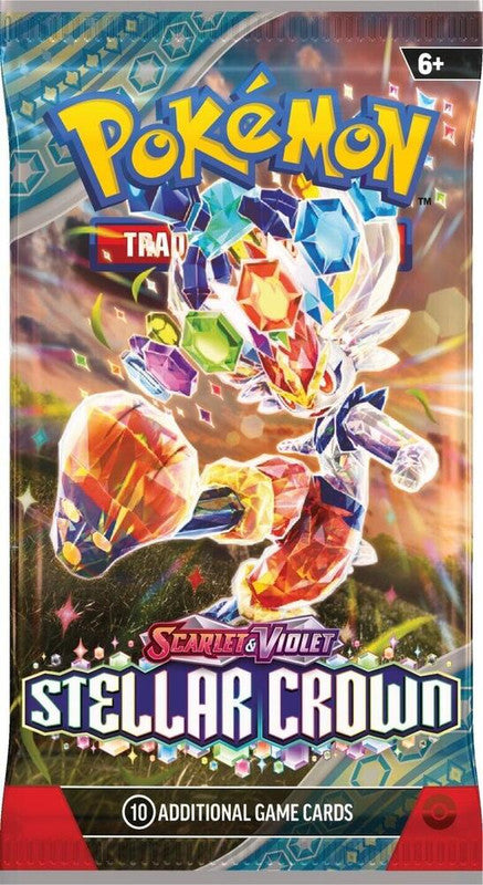 A Pokemon Stellar Crown booster pack featuring Terapagos on the front.