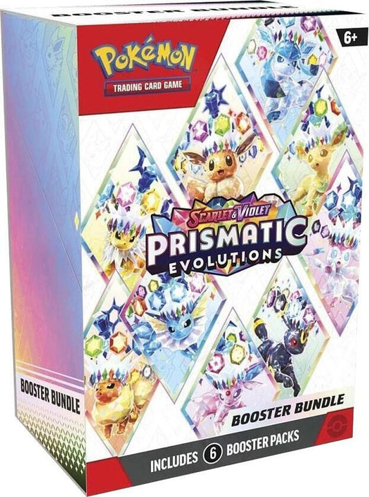 A Pokemon Prismatic Evolutions booster bundle box featuring Eevee and its evolutions.