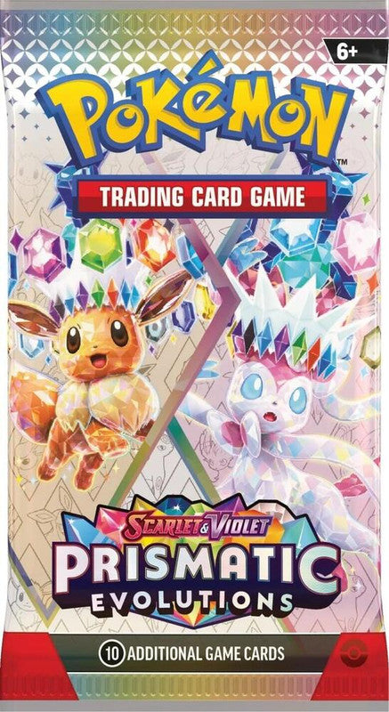 A Pokemon Prismatic Evolutions booster pack featuring Eevee and Sylveon with crystal accents.