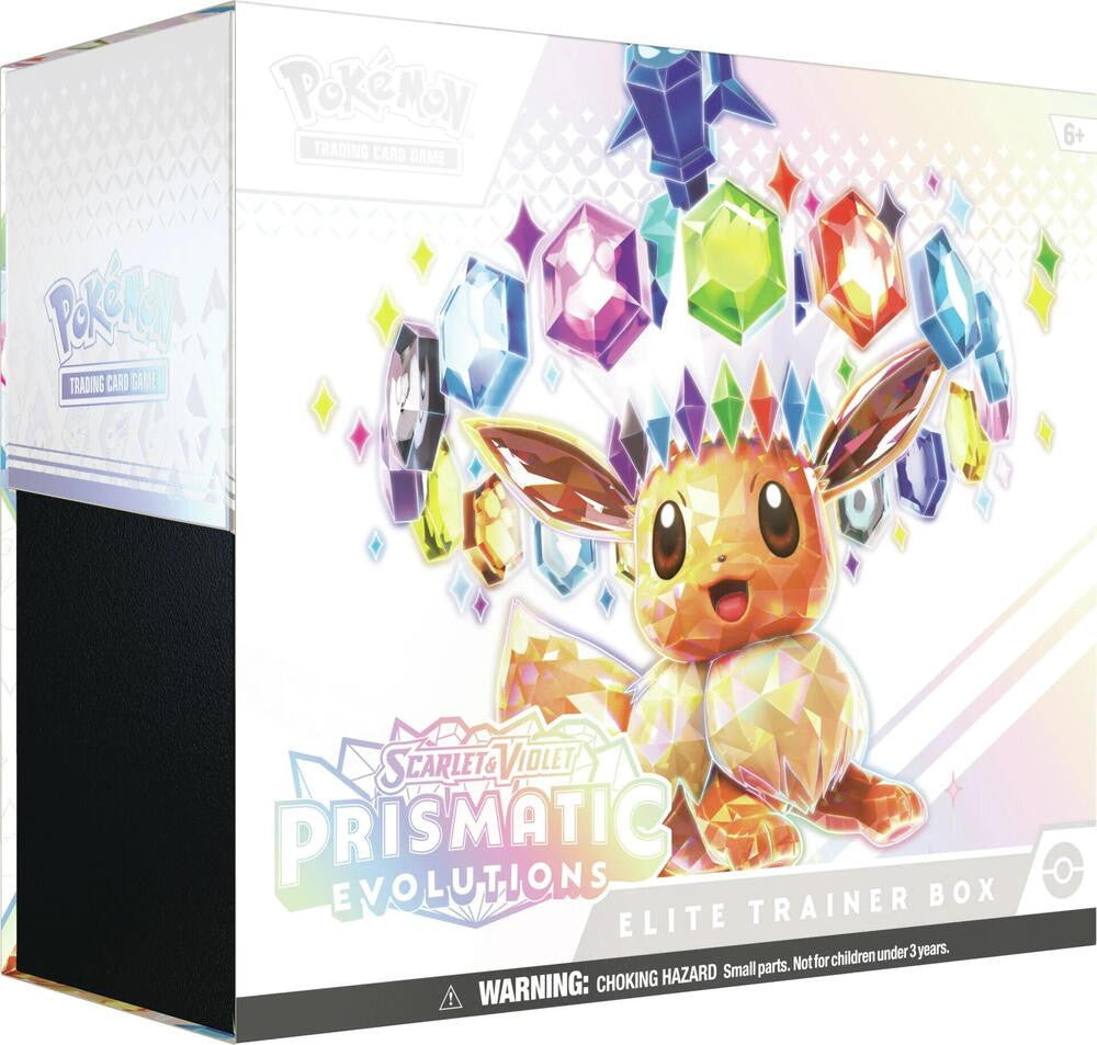 A Pokemon Prismatic Evolutions Elite Trainer Box featuring a crystalline Eevee on the cover.