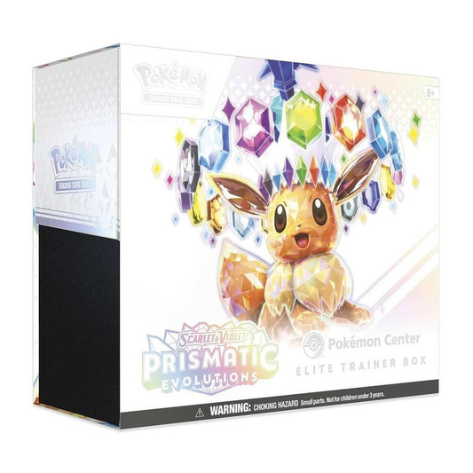A Pokemon Center Elite Trainer Box featuring a crystalline Eevee surrounded by colorful gems.
