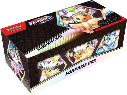 A Pokemon Prismatic Evolutions Surprise Box featuring colorful Eevee evolution artwork.
