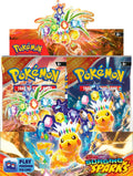 A Pokemon Surging Sparks booster box featuring artwork of Terastal Pikachu and Exeggutor.
