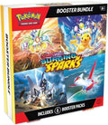 A Pokemon Surging Sparks booster bundle box containing six trading card game booster packs.