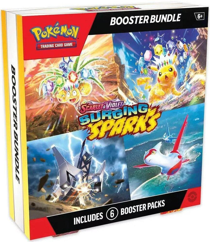 A Pokemon Surging Sparks booster bundle box containing six trading card game booster packs.