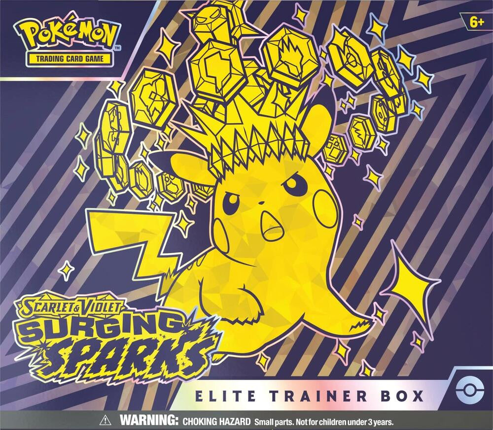 A Pokemon Surging Sparks Elite Trainer Box featuring a yellow Pikachu illustration.