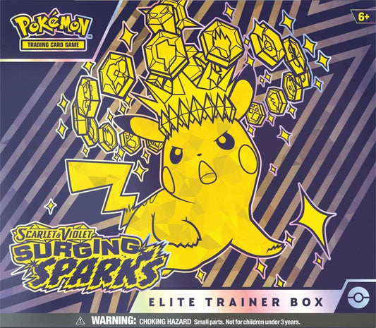 A Pokemon Surging Sparks Elite Trainer Box featuring a yellow Pikachu illustration.