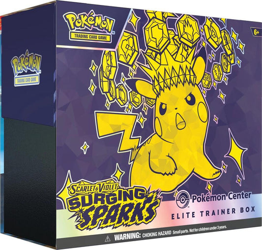 A Pokemon Center Elite Trainer Box for the Scarlet and Violet Surging Sparks expansion.