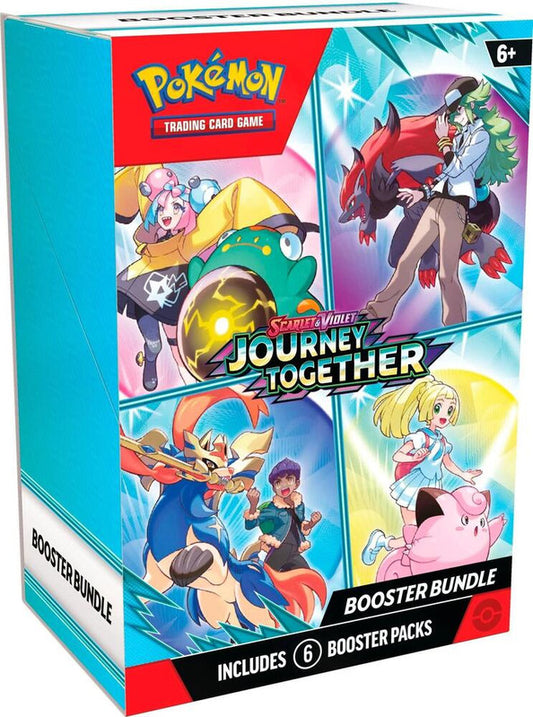 A Pokemon Journey Together booster bundle box featuring illustrations of various trainers and Pokemon.