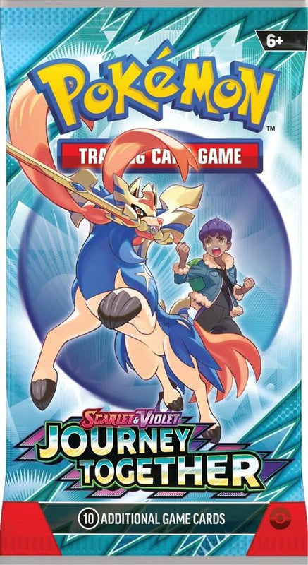 A Pokemon Journey Together booster pack featuring Zacian and Hop on the front.