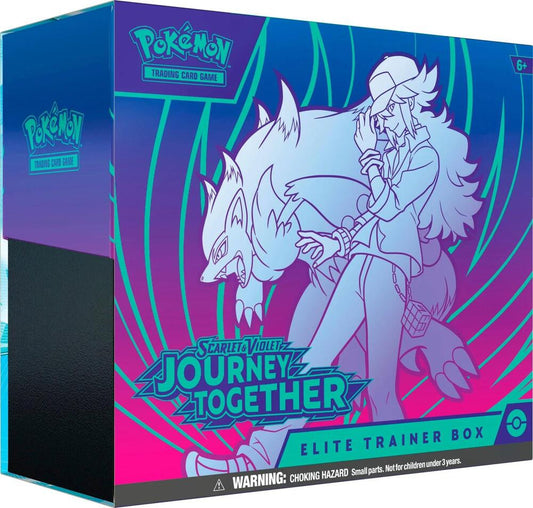 A Pokemon Journey Together Elite Trainer Box featuring a stylized illustration of a trainer and wolf.