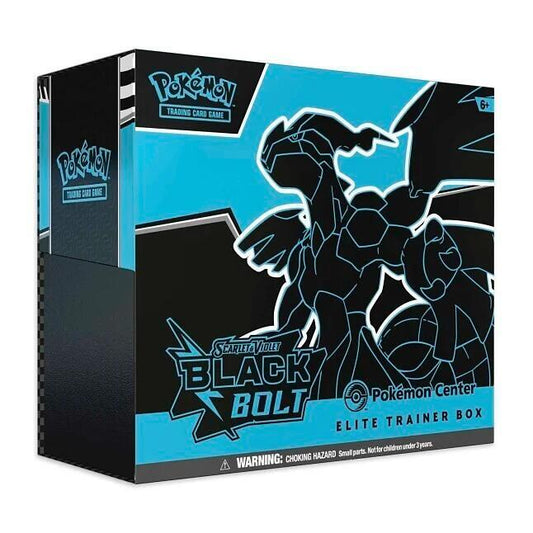 A Pokemon Black Bolt Elite Trainer Box featuring a stylized black dragon on a blue background.