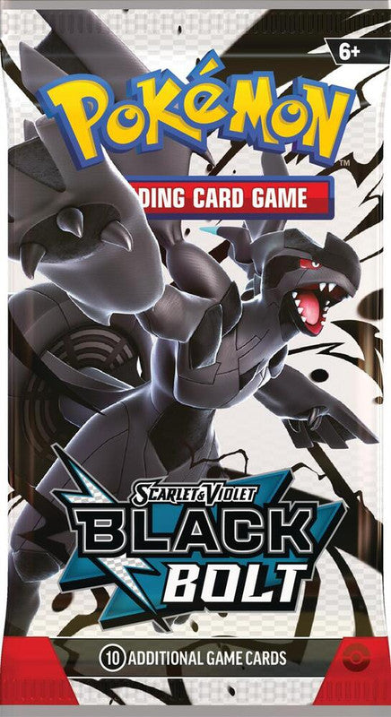 A Pokemon Black Bolt booster pack featuring Zekrom on the packaging.
