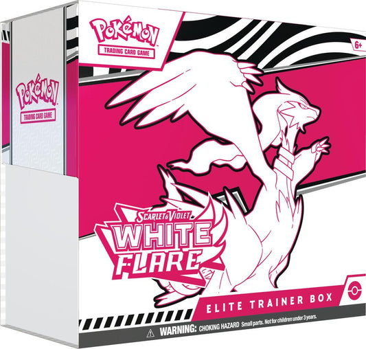 A Pokemon White Flare Elite Trainer Box featuring a stylized white Reshiram on a pink background.