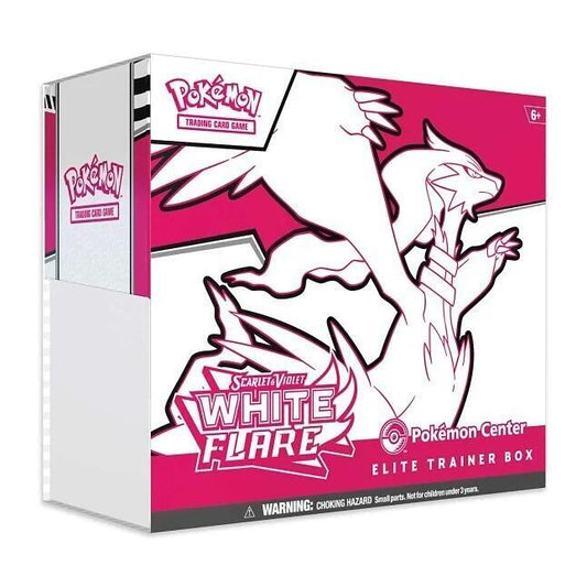 A Pokemon White Flare Elite Trainer Box featuring a stylized white dragon on a pink background.