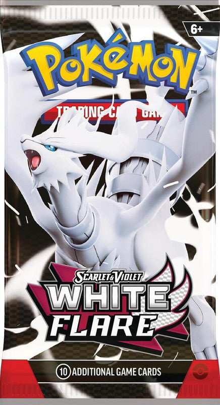 A Pokemon White Flare booster pack featuring Reshiram on the packaging.
