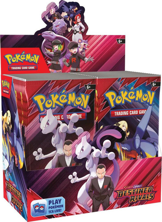A Pokemon Destined Rivals booster box featuring Mewtwo and Team Rocket characters on the packaging.