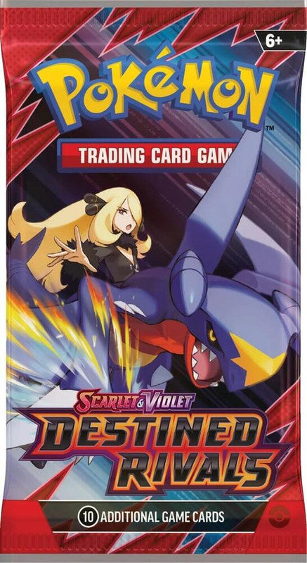 A Pokemon Destined Rivals booster pack featuring Cynthia and Garchomp on the packaging.