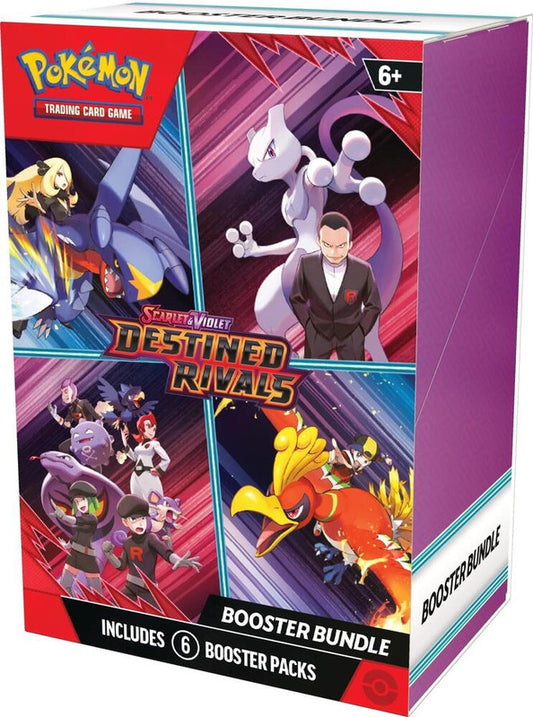 A Pokemon Destined Rivals booster bundle box featuring artwork of various trainers and Pokemon.