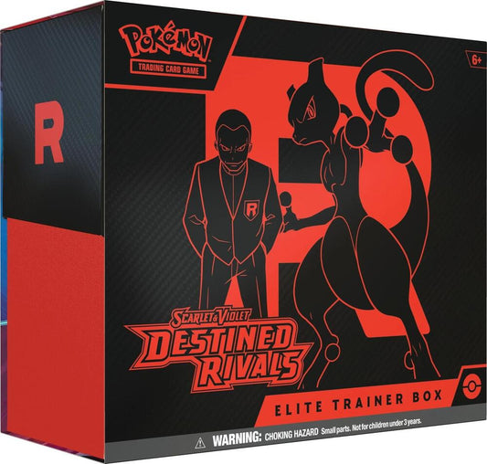 A black and red Pokemon Destined Rivals Elite Trainer Box featuring Giovanni and Mewtwo.