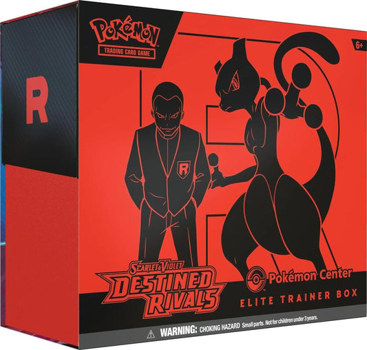 A red and black Pokemon Center Elite Trainer Box featuring Giovanni and Mewtwo.