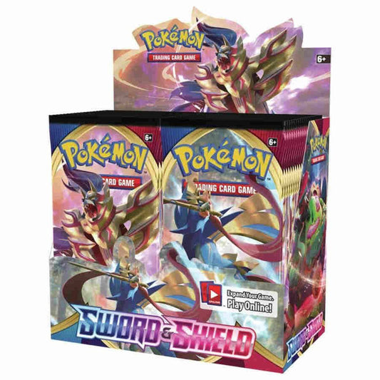 A sealed Pokemon Sword and Shield booster box featuring Zacian and Zamazenta artwork.
