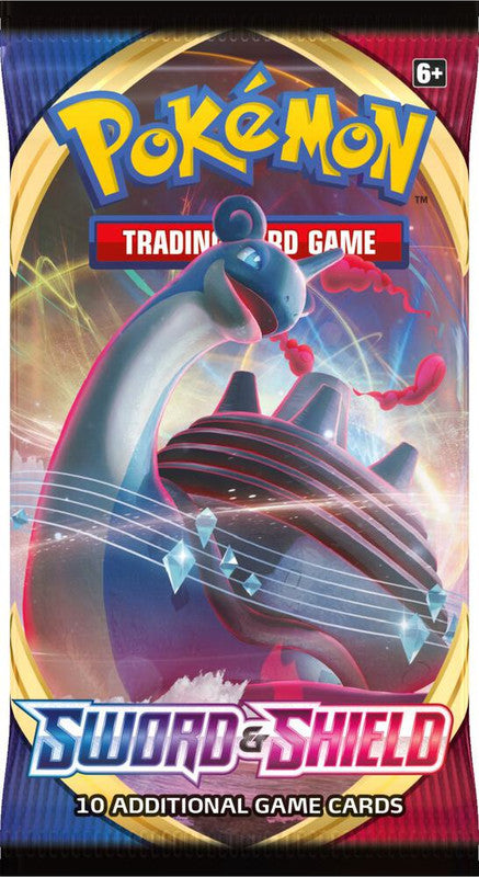 A Pokemon Sword and Shield booster pack featuring Gigantamax Lapras on the packaging.