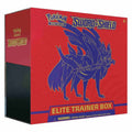 A red Pokemon Sword and Shield Elite Trainer Box featuring the legendary Zacian on the front.