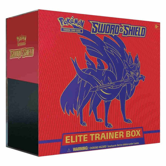 A red Pokemon Sword and Shield Elite Trainer Box featuring the legendary Zacian on the front.