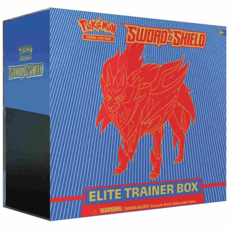 A blue Pokemon Sword and Shield Elite Trainer Box featuring a red Zamazenta illustration.