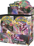 A sealed Pokemon Rebel Clash booster box featuring Rillaboom and Toxtricity artwork.