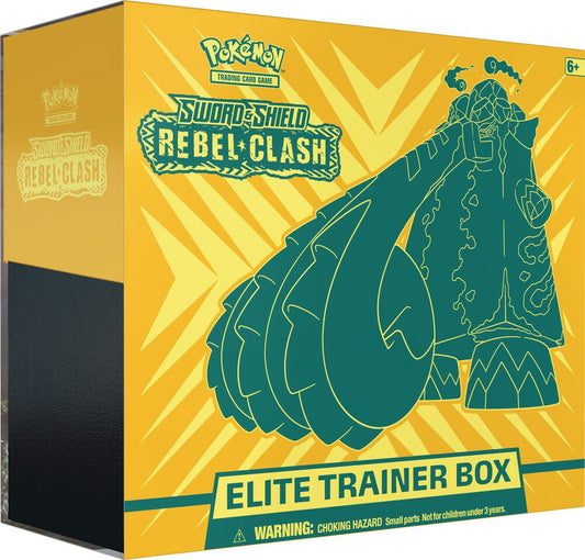 A yellow Pokemon Rebel Clash Elite Trainer Box featuring Copperajah on the front.