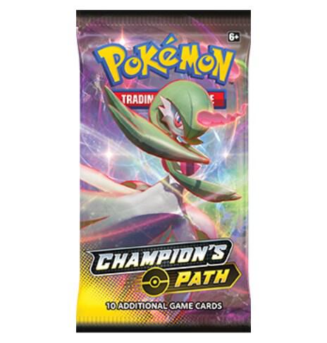 A Pokemon Champion's Path booster pack featuring Gigantamax Gardevoir artwork.