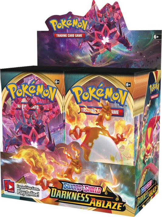 A sealed Pokemon Sword and Shield Darkness Ablaze booster box featuring Charizard and Eternatus.