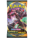 A Pokemon Darkness Ablaze booster pack featuring Eternatus on the packaging.