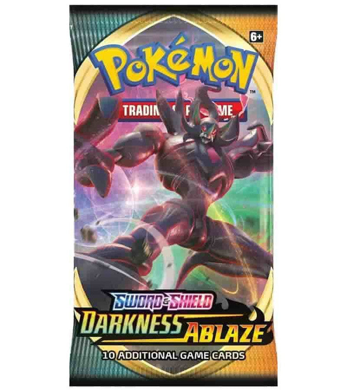 A Pokemon Darkness Ablaze booster pack featuring Eternatus on the packaging.