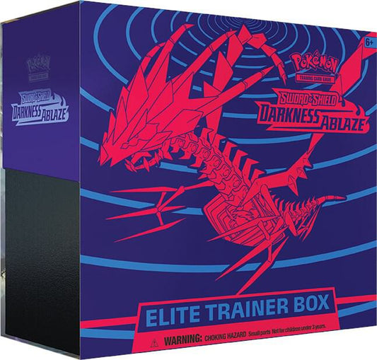 A Pokemon Darkness Ablaze Elite Trainer Box featuring Eternatus artwork on a purple background.