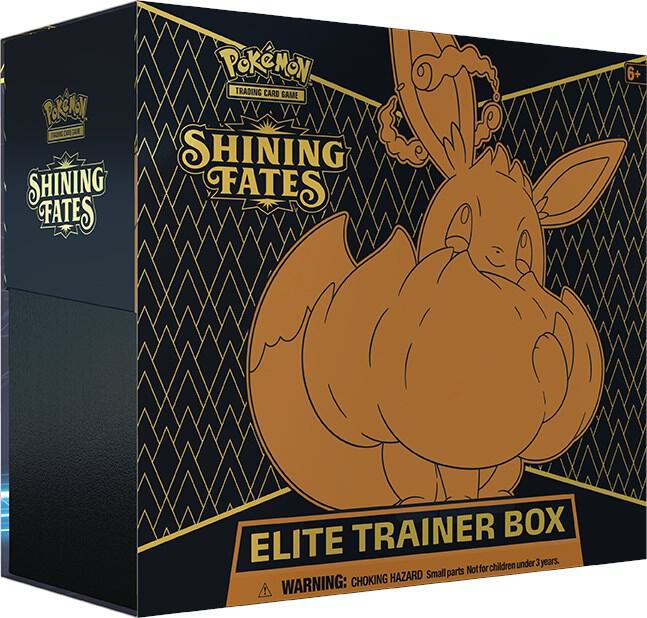 A black Pokemon Shining Fates Elite Trainer Box featuring a gold Gigantamax Eevee illustration.