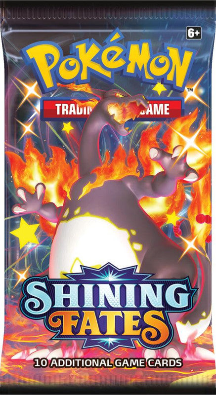 A Pokemon Shining Fates booster pack featuring a Shiny Charizard illustration.