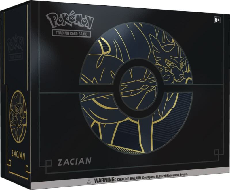 A black Pokemon Sword and Shield Elite Trainer Box featuring gold Zacian artwork.
