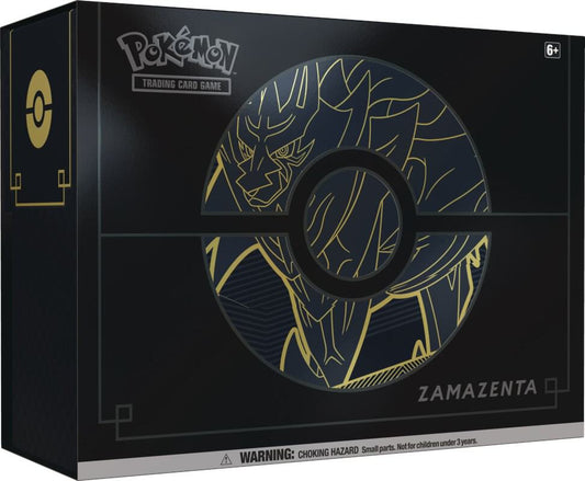 A black Pokemon Sword and Shield Elite Trainer Box featuring gold Zamazenta artwork.