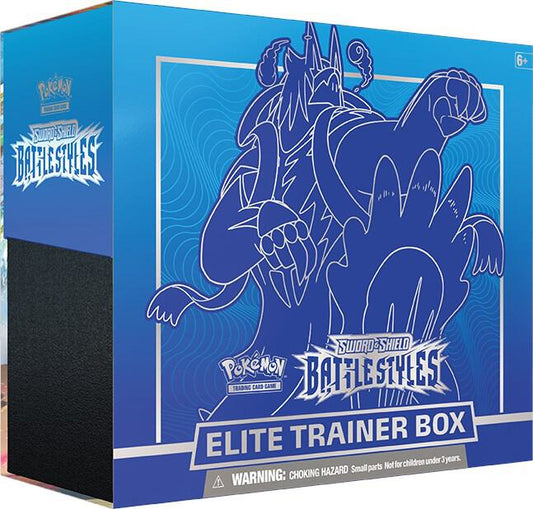 A blue Pokemon Battle Styles Elite Trainer Box featuring a graphic of Urshifu.