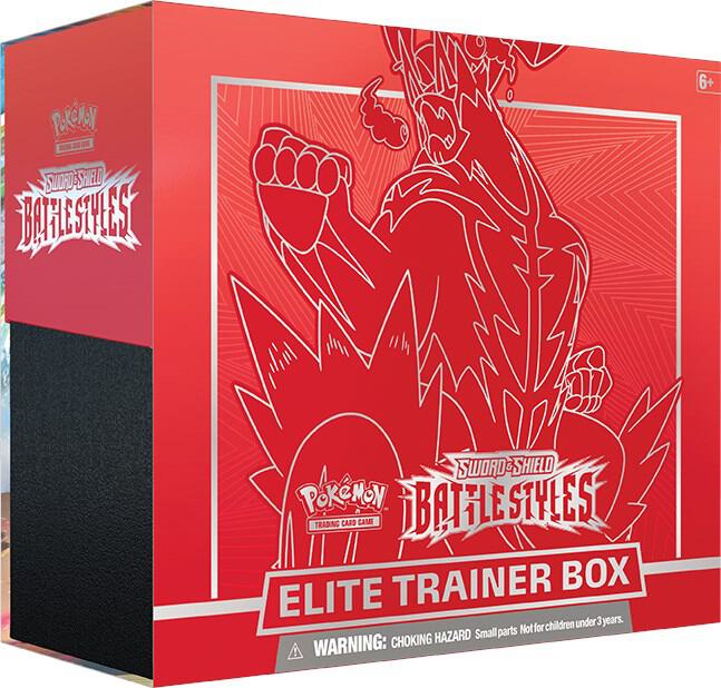 A red Pokemon Battle Styles Elite Trainer Box featuring Gigantamax Urshifu artwork.