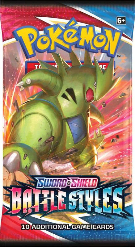 A Pokemon Battle Styles booster pack featuring Tyranitar on the front.
