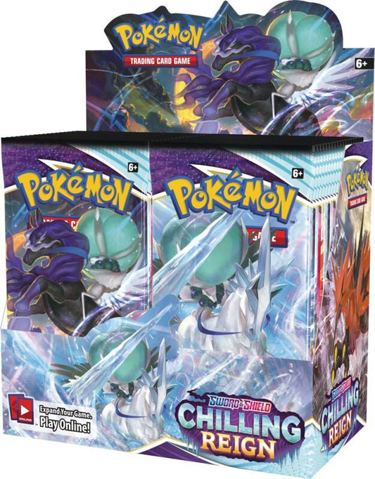 A sealed Pokemon Chilling Reign booster box featuring Ice Rider and Shadow Rider Calyrex.