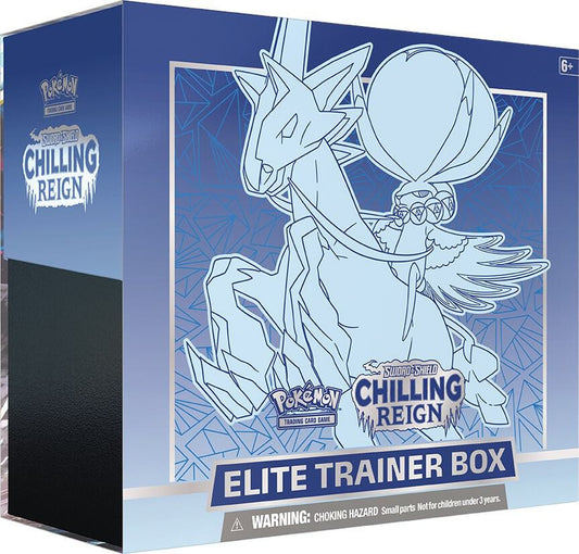 A Pokemon Chilling Reign Elite Trainer Box featuring Ice Rider Calyrex artwork.